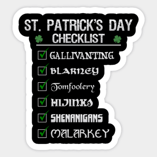 St Patrick's Day Checklist Funny Blarney Malarkey Shenanigans Hijinks Tomfoolery Sticker